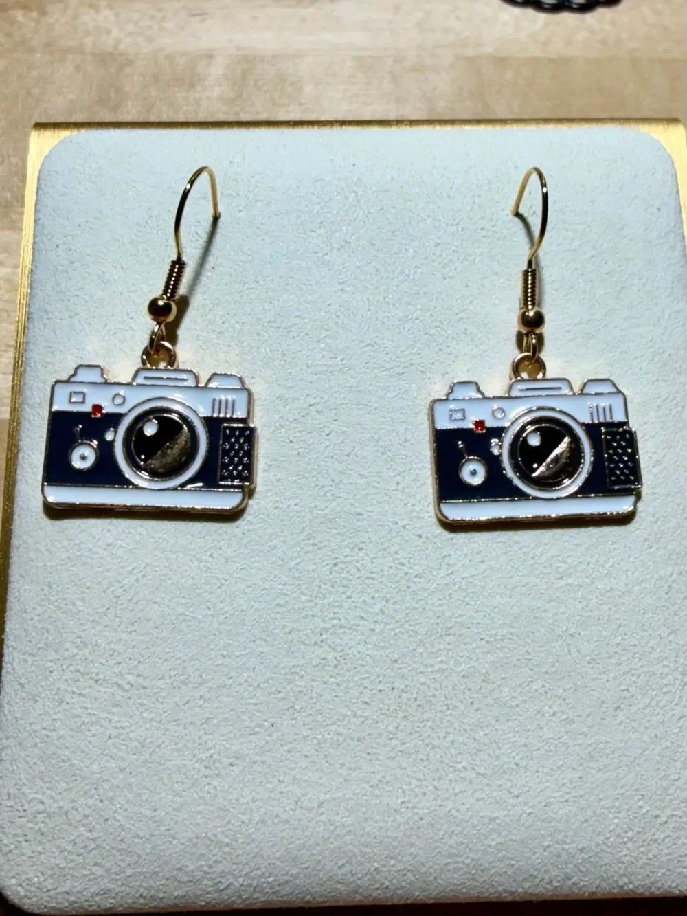Camera Charm Dangle Earrings - Black & White